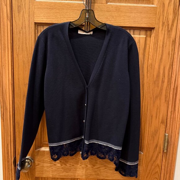 Tory Burch Merino Wool Cardigan, Navy with Velvet Lace Trim, XL - Picture 1 of 5